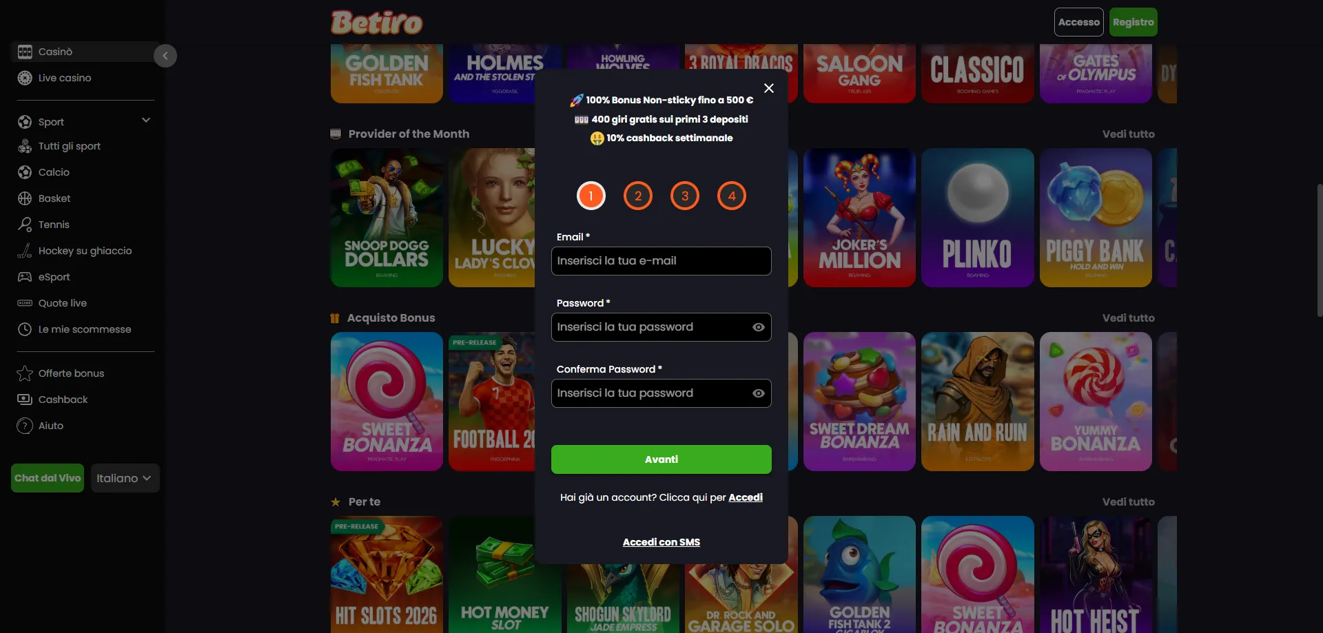 Modulo di registrazione Betiro Casino — crea il tuo account