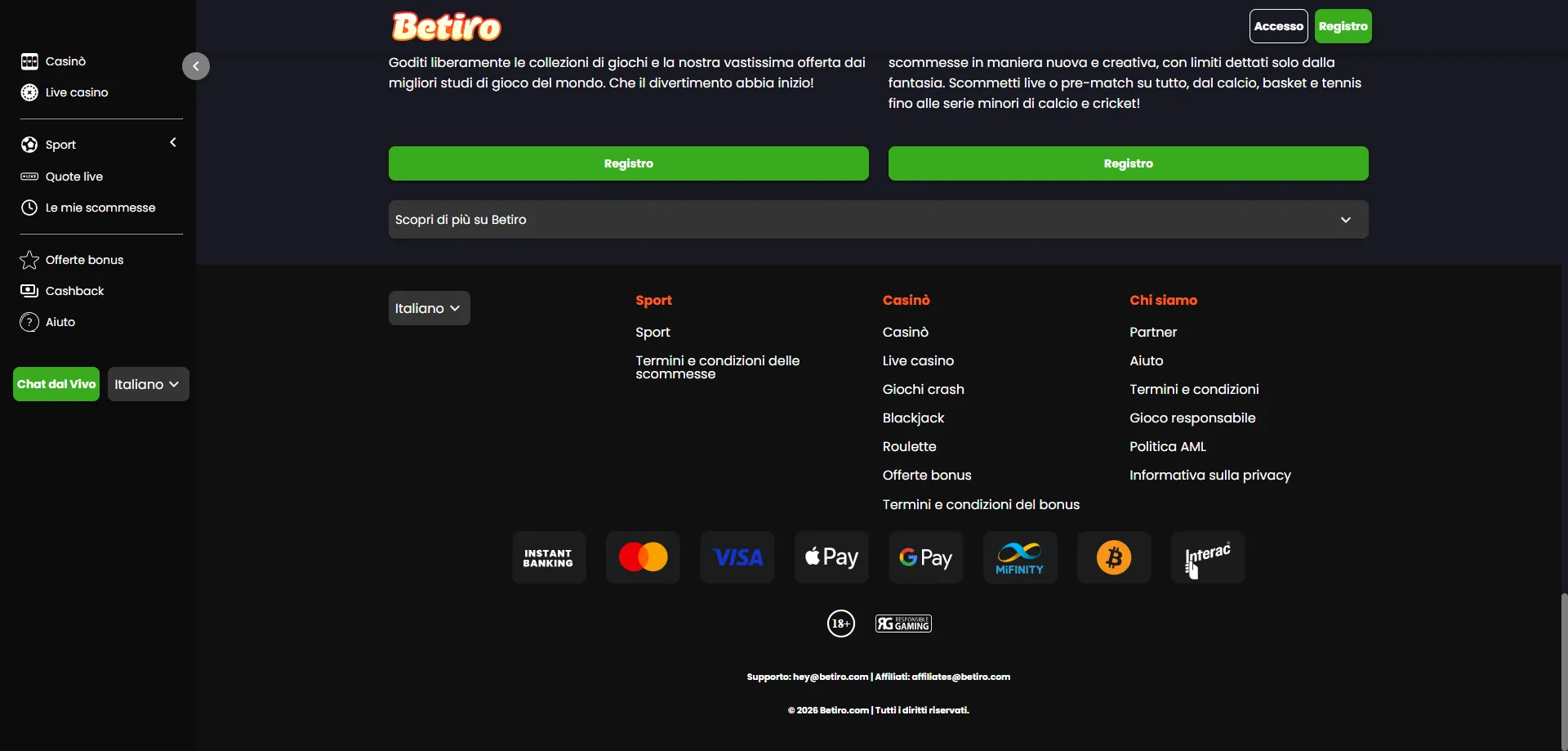 Betiro live casino con dealer reali — blackjack roulette baccarat