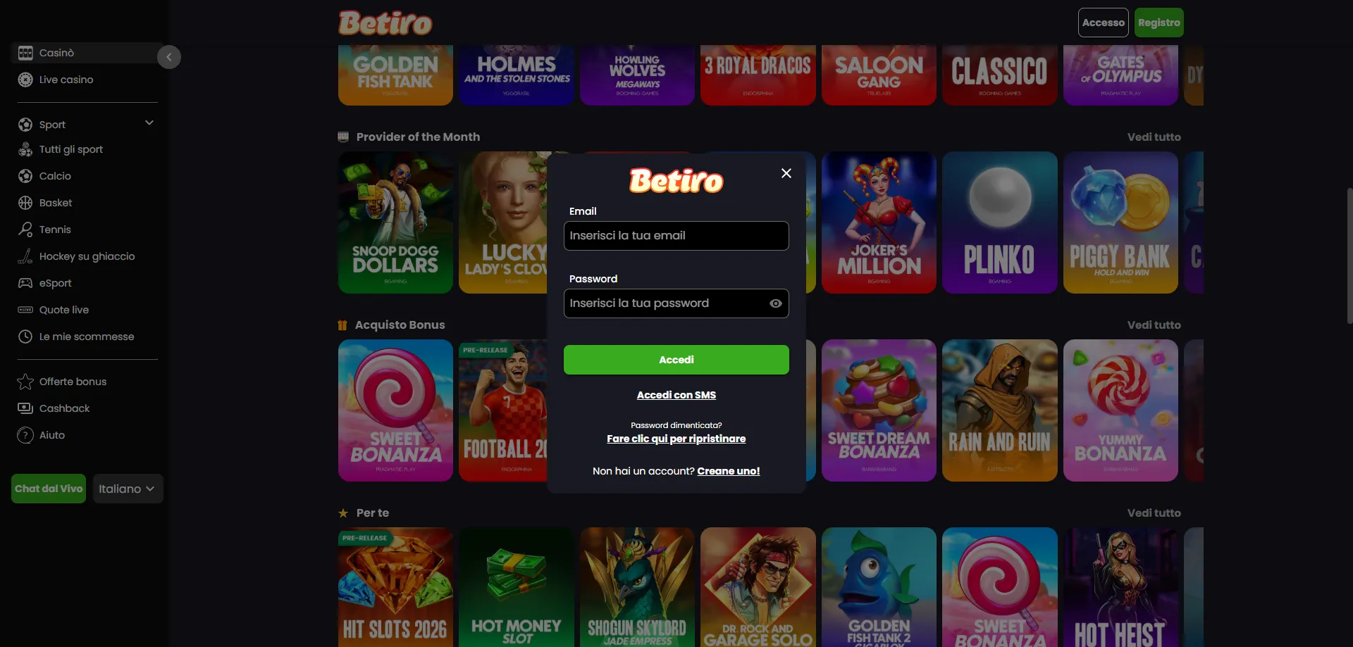 Schermata di accesso Betiro Casino per giocatori italiani