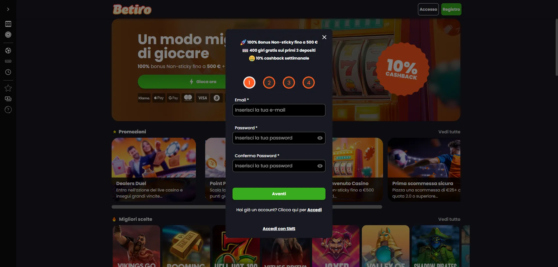 Registrazione Betiro Casino per attivare il bonus di benvenuto