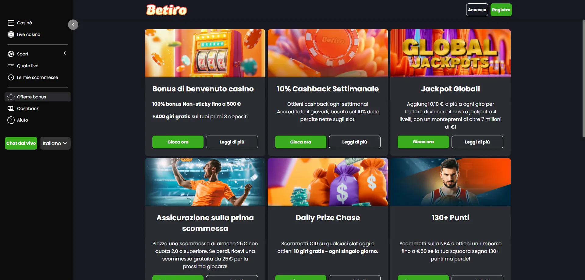 Betiro Casino bonus benvenuto 100% fino a €500 e free spin